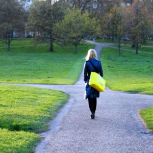 Multiple job offers being chosen by a woman on fork roads