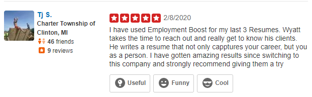 Screenshot of Yelp review of Employment Boost for the best executive resume writing services