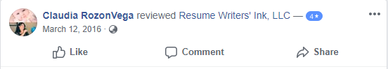 Screenshot of Facebook review of Resume Writer’s Ink LLC for the best executive resume writing services