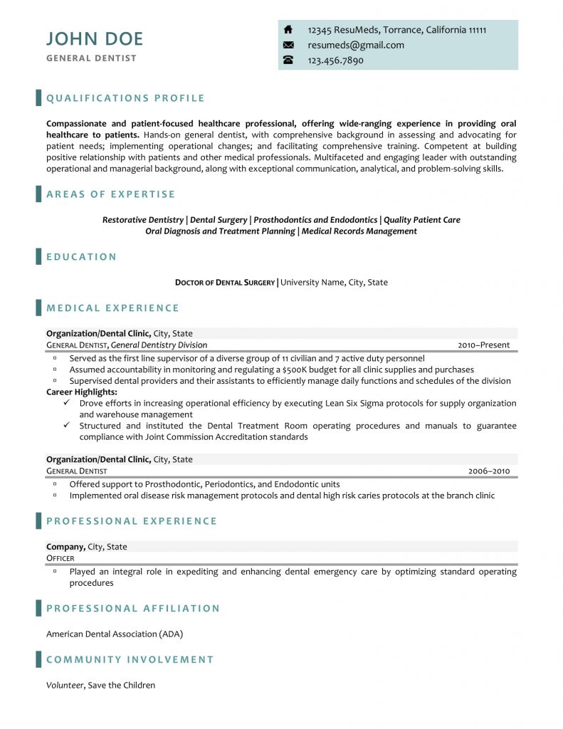 a dentist resume prepared by ResuMeds