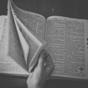 grayscale image of the hand of a professional resume writer browsing through a dictionary