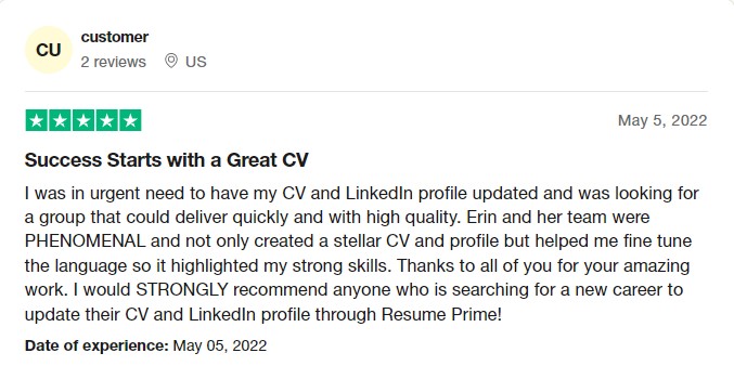 Resume Prime Trustpilot review