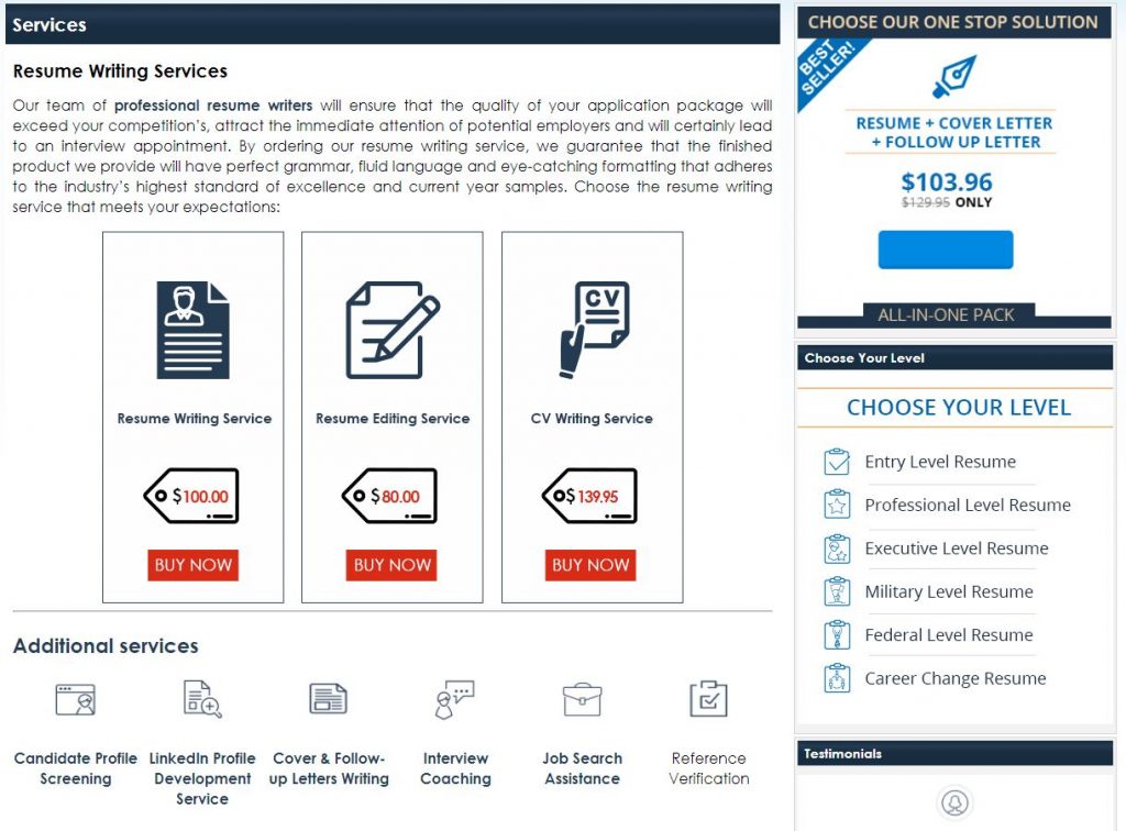 screenshot of Resume Writing Services' offerings, including add-on services