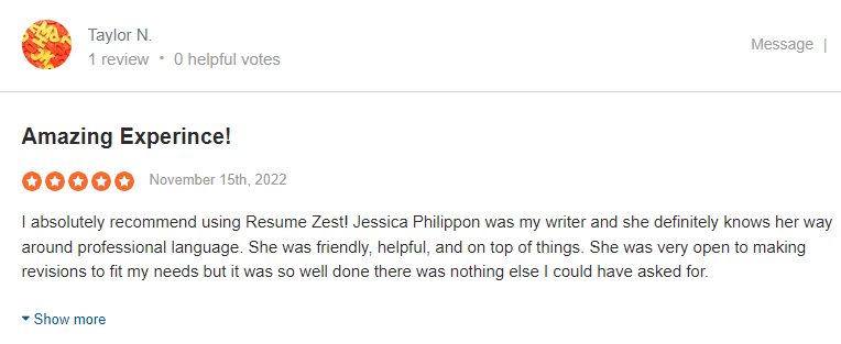 a client review regarding the services of resume zest