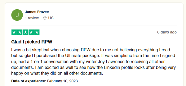 Resume Professional Writers Trustpilot customer review