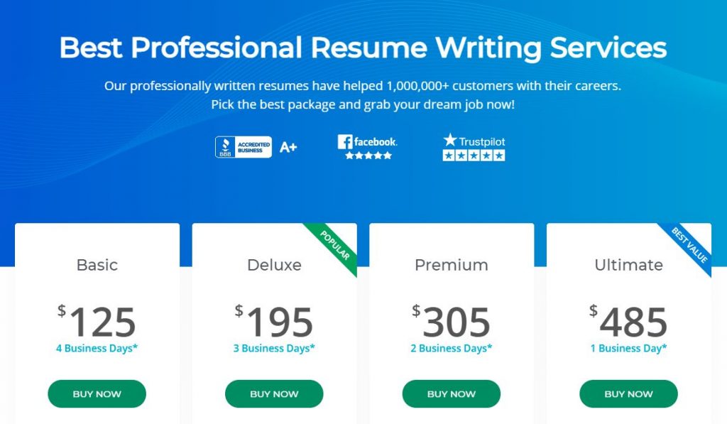 screenshot of Resume Professional Writers' service packages